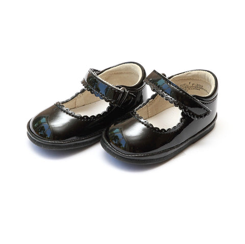 Scalloped Leather Mary Jane in Patent Black - Angel Baby Shoe F202 Cara